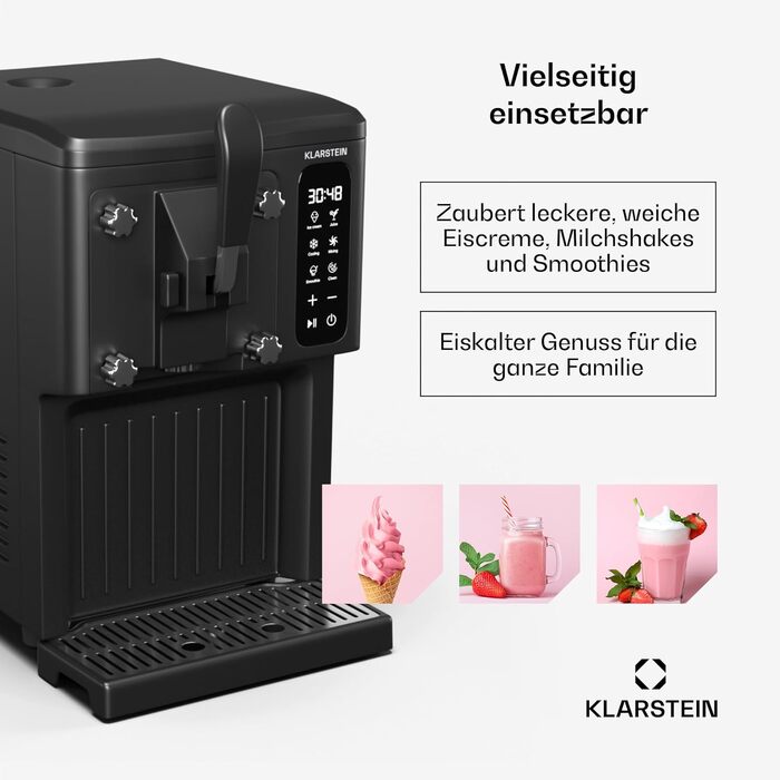 Морожениця Klarstein SweetSwirl 3-в-1: для морозива, молочних коктейлів та смузі, 1.5 л, сенсорний дисплей, режим підтримки температури, чорний колір