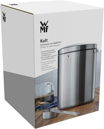 Каньора для кави WMF Kult з нержавіючої сталі на 500г, з мірною ложкою, для кавових зерен та меленої кави, Cromargan, придатна для миття в посудомийній машині