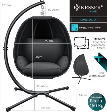 Підвісне крісло-кокон KESSER Luxe з каркасом, м'якою подушкою та захистом від дощу, для дому і саду, антрацит, навантаження до 150 кг