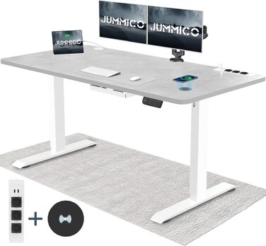 Електричний підйомний стіл JUMMICO 160x80 см, регульований по висоті письмовий стіл з бездротовою зарядкою, USB-портом та розеткою, сірий