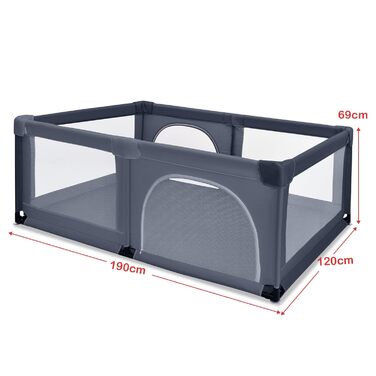 Дитячий манеж COSTWAY 120x190 см з 50 кульками, дихаючою сіткою та блискавкою, темно-сірий, для немовлят і малюків