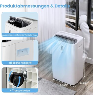 Мобільний кондиціонер COSTWAY 16000 BTU з функцією обігріву, осушення, вентиляції та нічного режиму для приміщень до 150 м² з пультом та керуванням через додаток, 4.7 кВт, ≤57 дБ