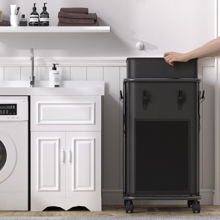 Великий кошик для білизни YKDIRECT 150 л, металевий каркас, знімні мішки, на колесах, для спальні, ванної, пральні, чорний