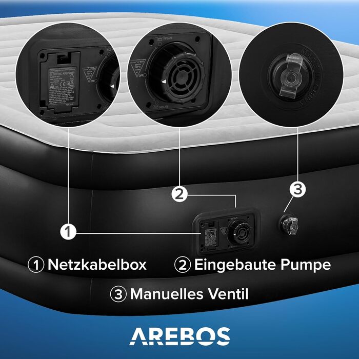 Надувний матрац Arebos 203x152,5x51 см для двох, з електричною помпою, гостьове ліжко, для кемпінгу та дому, сірий/антрацит, у комплекті сумка