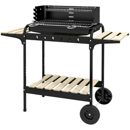Металевий гриль на вугіллі з димовою трубою (BBQ Smoker) на колесах, з регульованою по висоті решіткою та полицею для дров, розміром 103x47x95 см, чорного кольору.