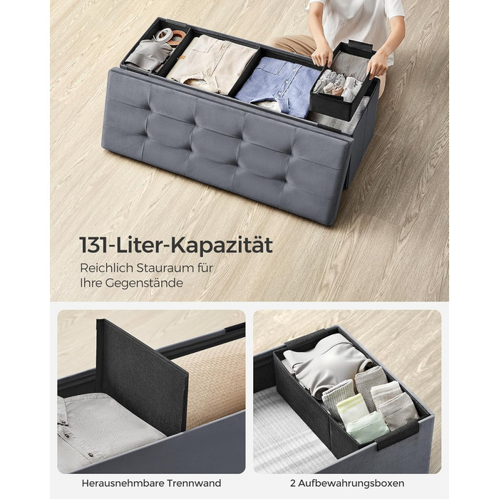 Складаний пуф SONGMICS з місцем для зберігання, оксамитовий, 110x38x38 см, до 300 кг, сіро-грифельний, для вітальні, спальні, передпокою
