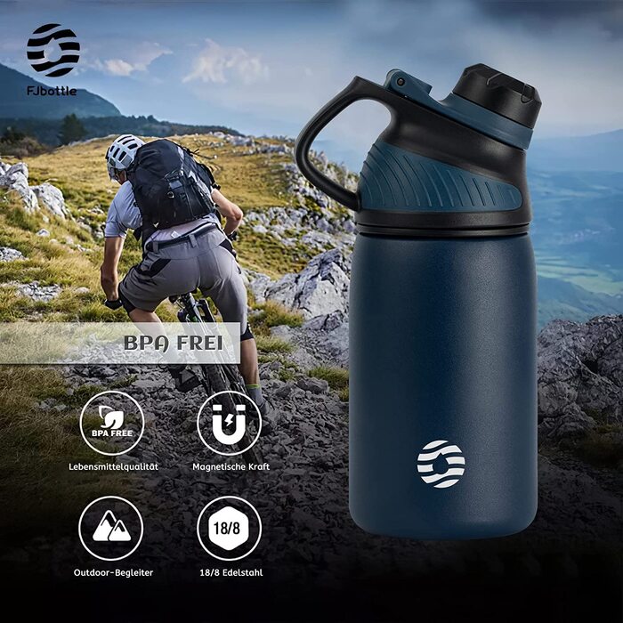 Термофляга Fjbottle зі сталею нержавіючої сталі та магнітною кришкою, герметична спортивна пляшка для води та напоїв, BPA-free, темно-синя, 400 мл