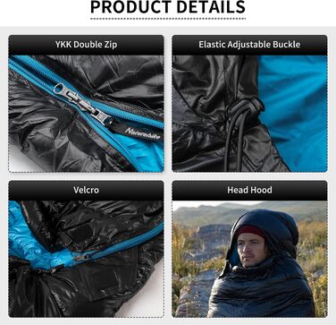 Ультралегкий спальний мішок Naturehike CW400 RDS пуховий, чотирьохсезонний для кемпінгу та подорожей, чорний (6°C, розмір M)