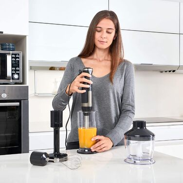 Занурювальний блендер Black+Decker BXHBA1500E, 1500 Вт, 20 швидкостей, турбо, нержавіюча сталь, з насадками (віночок, подрібнювач, мірний стакан)