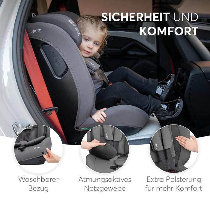 Автокрісло KikkaBoo i-Size i-FLIT 9-36 кг ISOFIX, Група 1/2/3, 15 міс. - 12 років, SPS, Top Tether, регульована підголовник, темно-сірий