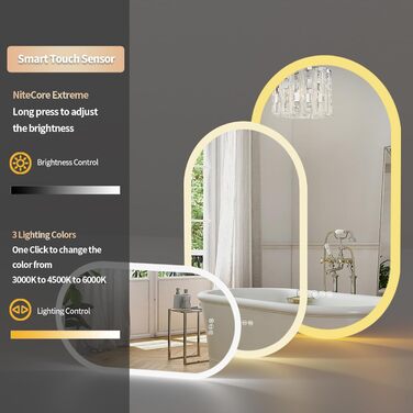 Дзеркало для ванної кімнати LUVODI овальне зі світлом, 50x80 см: LED, сенсорне керування, антизапар, 3 кольори, регулювання яскравості, пам'ять