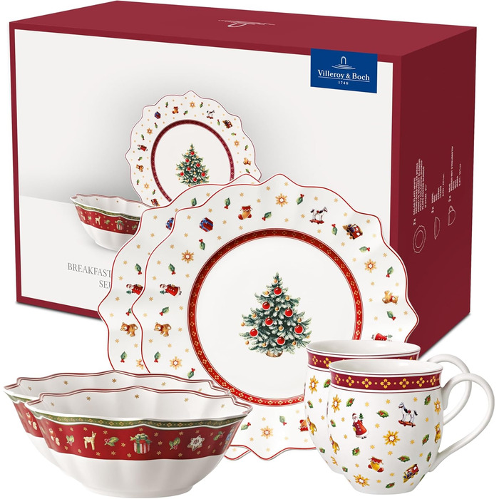 Сервіз для сніданку Villeroy & Boch Toy's Delight на 2 особи (6 предметів), білий/червоний. Преміум-посуд для святкування Різдва. Кераміка, білий/кольоровий.