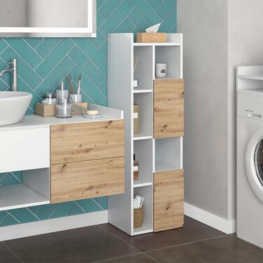 Висока шафа для ванної Vicco Alf, білий/дуб, 36x117 см, 2 шухляди