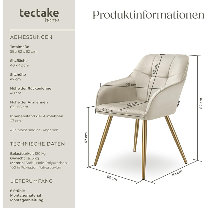 Тумба tectake® з велюру, 6 шт. у наборі, кремового кольору з золотим, для вітальні та їдальні