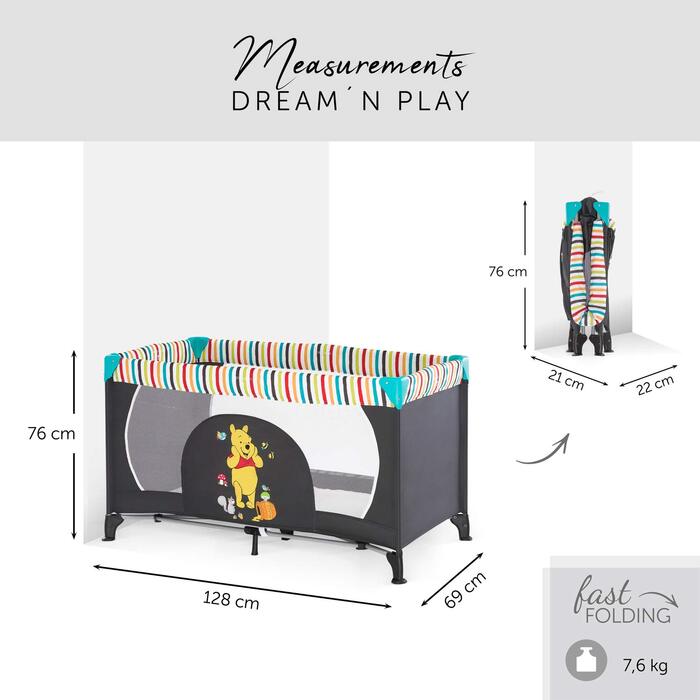 Дитяче ліжко-манеж Hauck Dream N Play (Puuh Geo) - від народження до 15 кг, компактно складна, з переносною сумкою та регульованим дном, 120x60 см