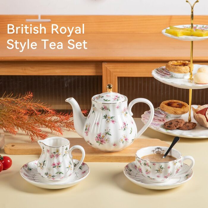 Набір посуду Sweejar Home Porzellan-Teeset British Royal: чайний сервіз на 6 осіб з чайником, цукорницею, ложками та ситечком (FloralD)