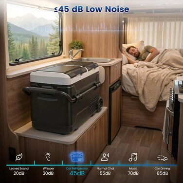 Автомобільний компресорний холодильник 50л з Bluetooth, 12/24/230V, подвійне регулювання температури (-20°C до 20°C), колеса, перегородка, тихий (45 дБ) для авто, кемпінгу, каравану