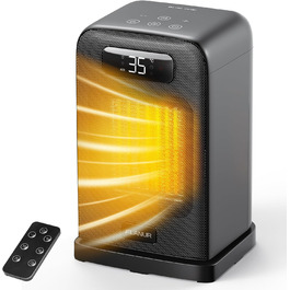 Електричний обігрівач 1500W з керамічним PTC нагрівачем, портативний з термостатом та ECO-режимом, 4 режими, цифровий дисплей, таймер 12 годин, тихий (35dB), чорний, 26 см