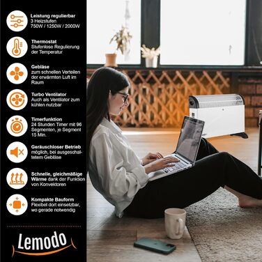 Електричний конвектор LEMODO 2000 Вт, мобільний, 3 режими, енергозберігаючий, з таймером і турбо, без газу та олії