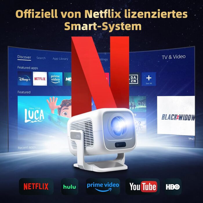 Smart-проектор Beamer 4K Full HD 1080P для домашнього кінотеатру, 700 ANSI люмен, Netflix, Dolby Audio, автофокус та автоматична корекція трапеції, короткофокусний, білий
