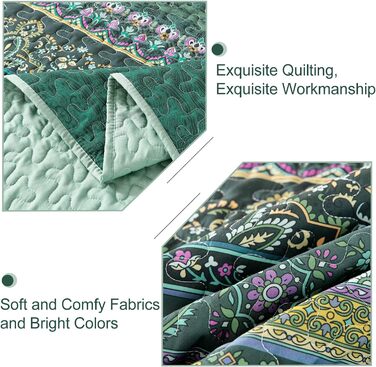 Покривало WONGS BEDDING 200x220 см, стьобане, 3 предмети, мікрофібра, зелений, з 2 наволочками 50x75, для двоспального ліжка та дивана, Boho стиль