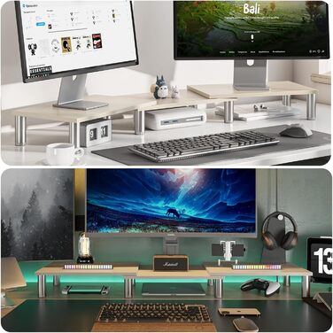 Підставка для двох моніторів AX Waber Dual Monitor Riser, регульована довжина та кут нахилу, дерев'яна підставка з місцем для зберігання, біла