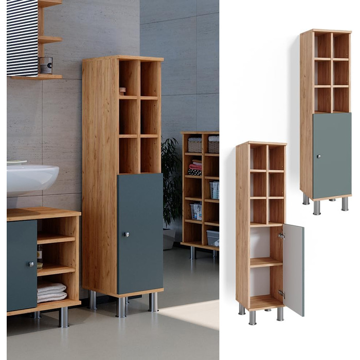 Пенал для ванної Vicco Fynn, зелений/дуб золотий, 30x130,6 см, з великою дверцятю