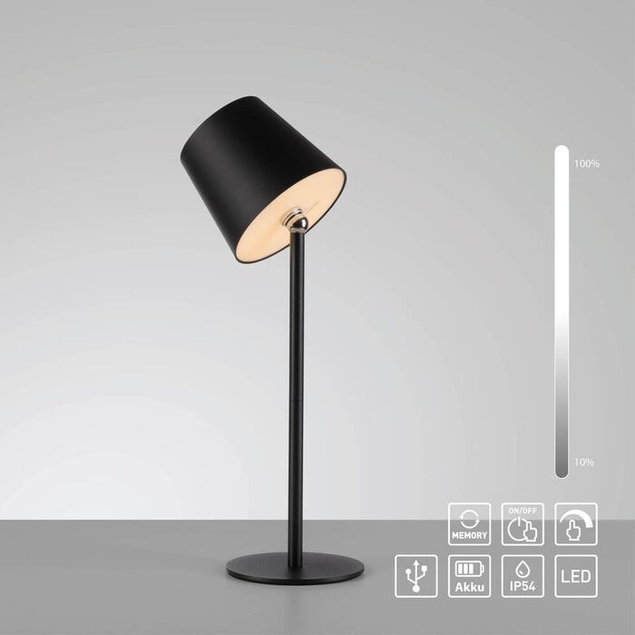 LED настільна лампа SellTec на акумуляторі, USB, білий колір, диммер, IP54, для саду, тераси, кемпінгу (чорний)