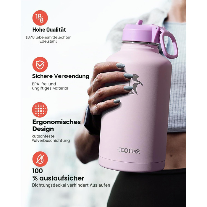 Термобутилка Coolflask 2Л зі сталею, трубою та 3 кришками, вакуумний ізольований спорт-флакон для води та офісу, герметична, рожева (1893 мл)
