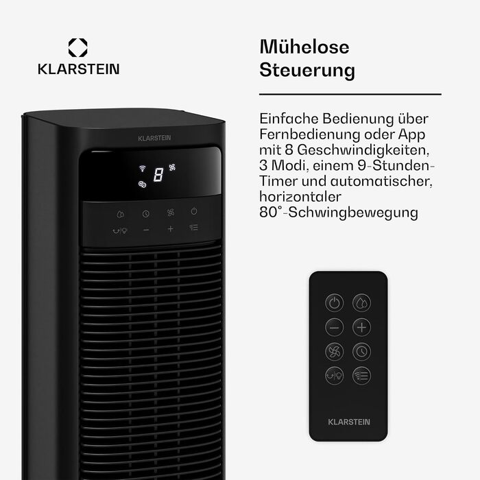 Мобільний кондиціонер Klarstein 5-в-1: охолоджувач повітря, вентилятор, зволожувач, очищувач, нічний режим, 360 м³/год, 50 Вт, чорний, Smart