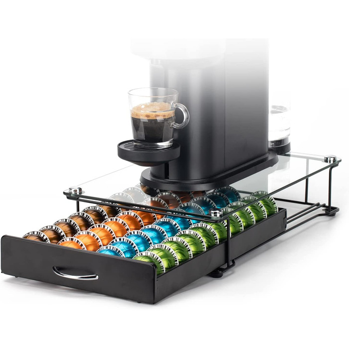 Підставка для капсул Nespresso Vertuo HiveNets з шухлядою, чорна, для 40 капсул, загартоване скло
