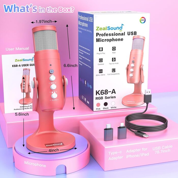 USB-мікрофон Zealsound K66 для смартфона, ПК, ігрових консолей, конденсаторний, з адаптером, ефектом ехo та функцією вимкнення звуку, для запису, стрімінгу, подкастів, ASMR, Plug & Play, синій