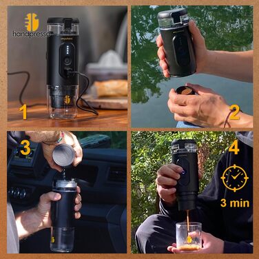 Handpresso E-Presso 21700: Портативна акумуляторна кавомашина для еспресо (капсули/мелена кава) з USB зарядкою, 60 мл