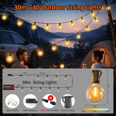LED гірлянда Kangtaixin для вулиці з таймером 30м, 78 лампочок G40, теплий білий, водонепроникна, для саду, балкону, вечірки
