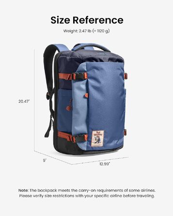 Дорожній рюкзак tomtoc 28L/40L для подорожей та літака, TSA-сумісний рюкзак для ручної поклажі (Coastal Blue-ripstop)