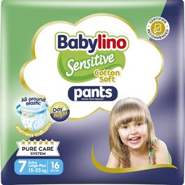 Підгузки-трусики Babylino Sensitive Cotton Soft, розмір 6 XL (13-18 кг), 108 шт. + розмір 7 (16 шт.), гіпоалергенні