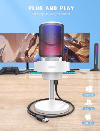 USB мікрофон FIFINE для ПК, ігровий, для стрімінгу, подкастів та студії, з RGB підсвіткою, кнопкою вимкнення звуку, роз'ємом для навушників і поп-фільтром, сумісний з PS4, PS5, Mac