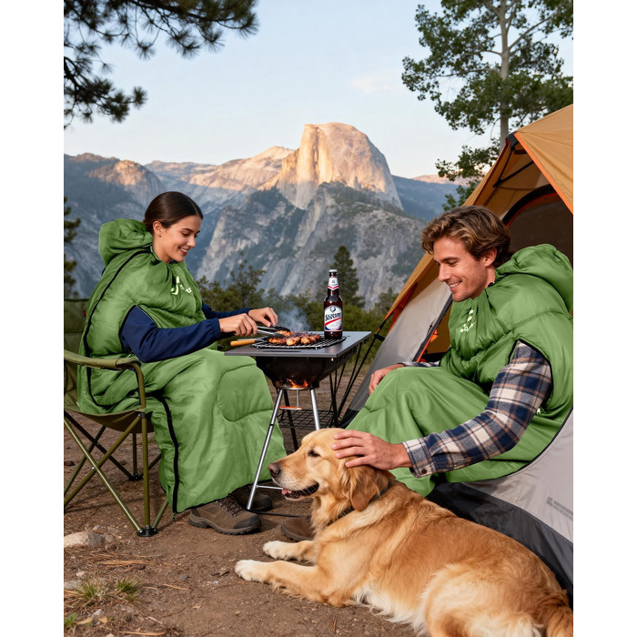 Спальний мішок Sportneer Outdoor у формі ковдри 220×85 см, з отворами для рук, 1.5 кг (Зелений, температурний режим 10-26 °C)