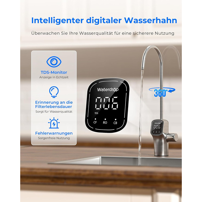 Waterdrop G2P600 Система фільтрації води зворотного осмосу, 8000 літрів, очищення 2:1, без бака, пом'якшувач води RO під мийку (G3-800G)