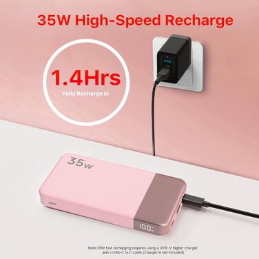 Power Bank Nobis 10000mAh з цифровим дисплеєм, USB-C, 35W, PD/QC, рожевий