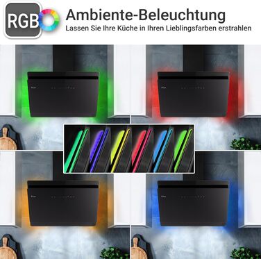 Витяжка для кухні KKT KOLBE HERMES 8005 SM, 80 см, чорне скло та нержавіюча сталь, продуктивність 782 м³/год, клас A+++, WLAN, RGBW-LED підсвічування, сенсорне керування
