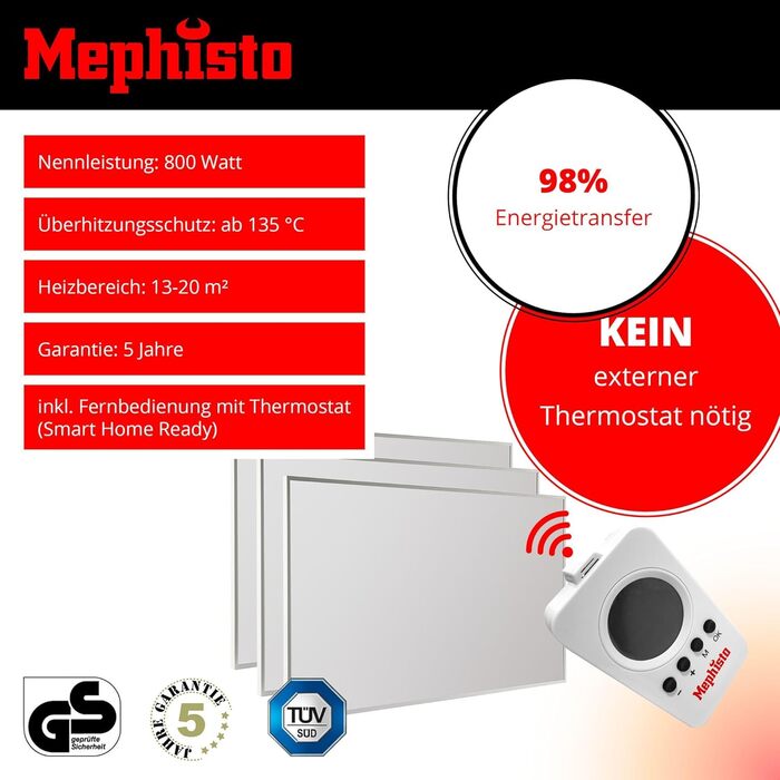 Інфрачервона електронагрівач Mephisto 800Вт для стін і стелі з WiFi, термостатом, пультом, енергоощадна, комплект для монтажу