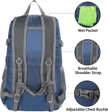 Складаний рюкзак WATERFLY 30L для походів, водонепроникний, ультралегкий, з відділенням для вологих речей, для чоловіків і жінок, темно-синій, для туризму, подорожей та прогулянок