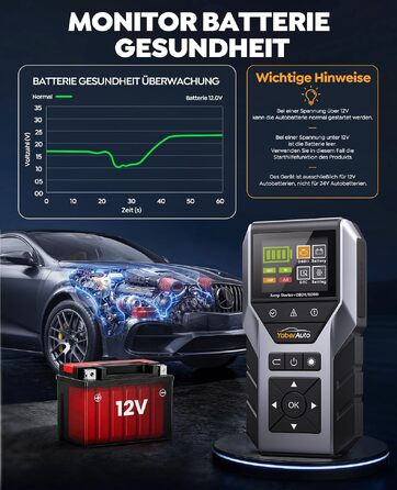Пусковий пристрій YaberAuto Jump Starter 7000A з OBD2 діагностикою та тестером акумулятора, Powerbank 16800mAh для бензинових та дизельних авто (до 10л), з LED-ліхтарем