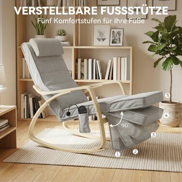 Крісло-гойдалка з масажем, підігрівом, підголівником та підставкою для ніг, оббивка з велюру, світло-сірий