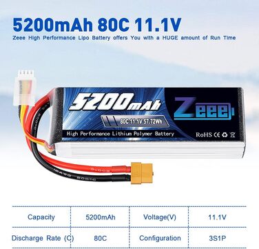Акумулятор Zeee 3S LiPo 5200mAh 11.1V 80C з роз'ємом XT60 для RC моделей (набір 2 шт.)