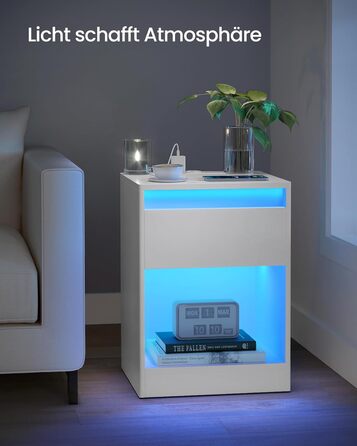 VASAGLE приліжковий столик з регульованим LED-підсвічуванням, розетками, USB, шухлядою, сучасний, для спальні та вітальні, білий хмарний LET618T15