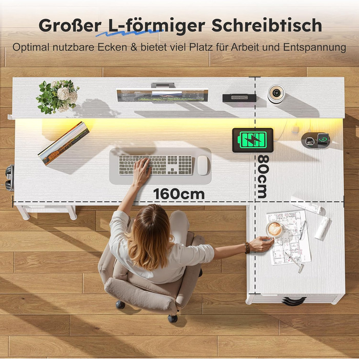 Ігровий стіл L-подібний з LED, 3 ящики, USB-порт, розетка, білий 160x80 см - для дому та геймінгу