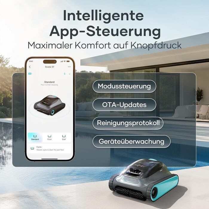 AIPER Scuba S1 Робот-пилосос для басейну, автоматичне очищення дна та стін, ультратонкий фільтр 3 мкм, 180 хвилин роботи, 15900 л/год, керування через додаток, для вбудованих басейнів, синій