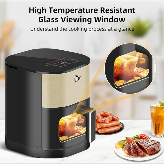 Електрична аерофритюрниця Uten Dual Blaze 2000 Вт, 5,5 л, 14 програм, без олії, із віконцем, золота, квадратна